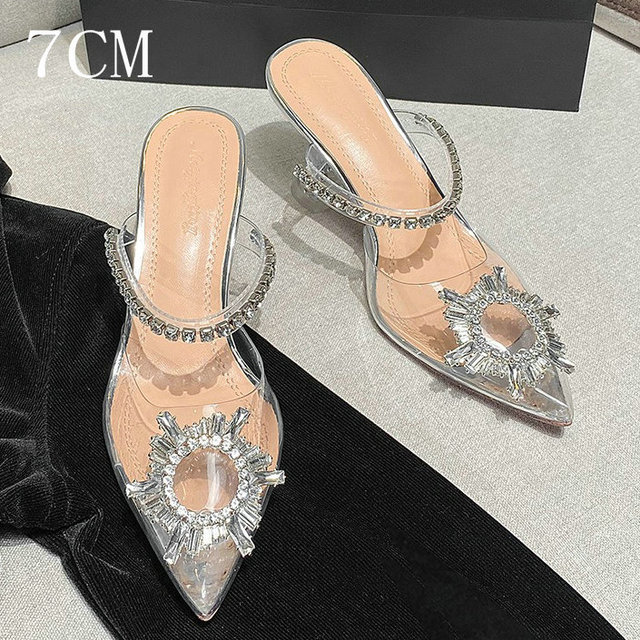 Transparent Rhie High Heels Crystal Sandals Women'S Summer Outside Wearing Pointed Toe Half Slippers 20c7 a57