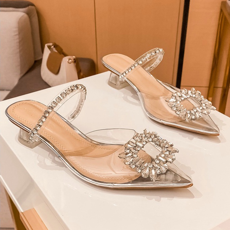 Luxury Rhinestone Transparent High Heels Crystal Sandals Women'S Summer Outside Wearing Pointed Toe Half Slippers