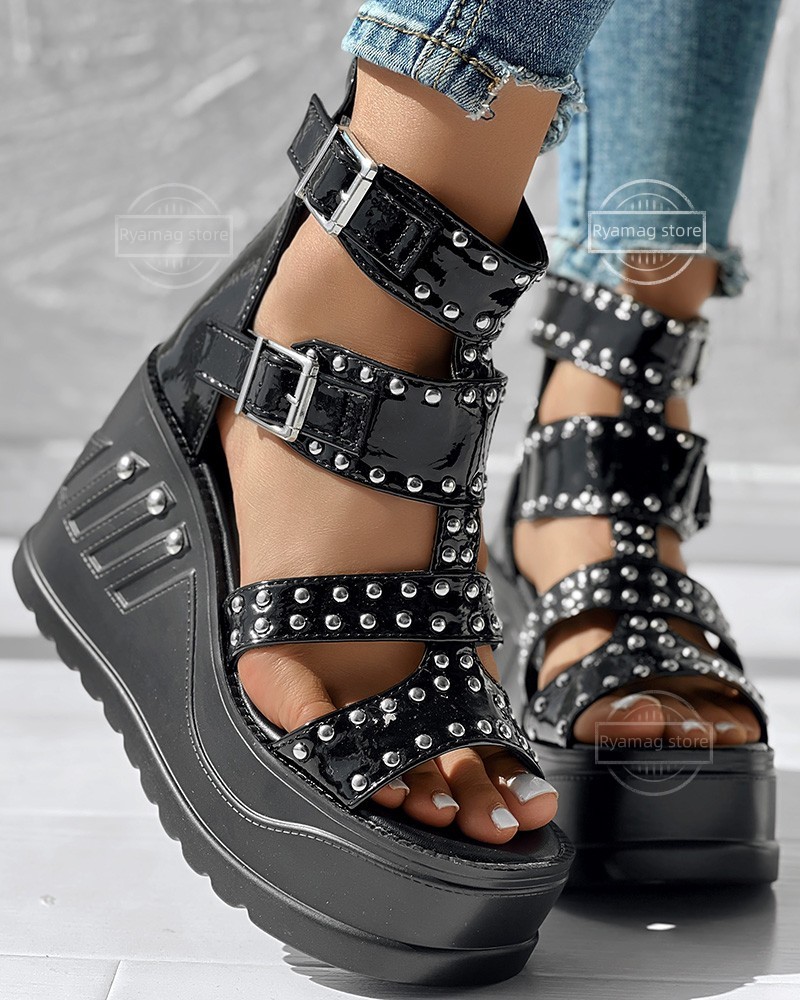 Sandals Women's Studded Buckled Hollow Platform Wedge Ankle Boots Shoes Women's Gladiator Platform High Heels Peep-toe Sandals