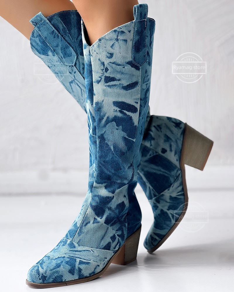 Boots Women Chunky Heel Cowboy Style Washed Denim Retro Long Boots Thick Heel Western Cowboy Knee-high Knight Ethnic Boots