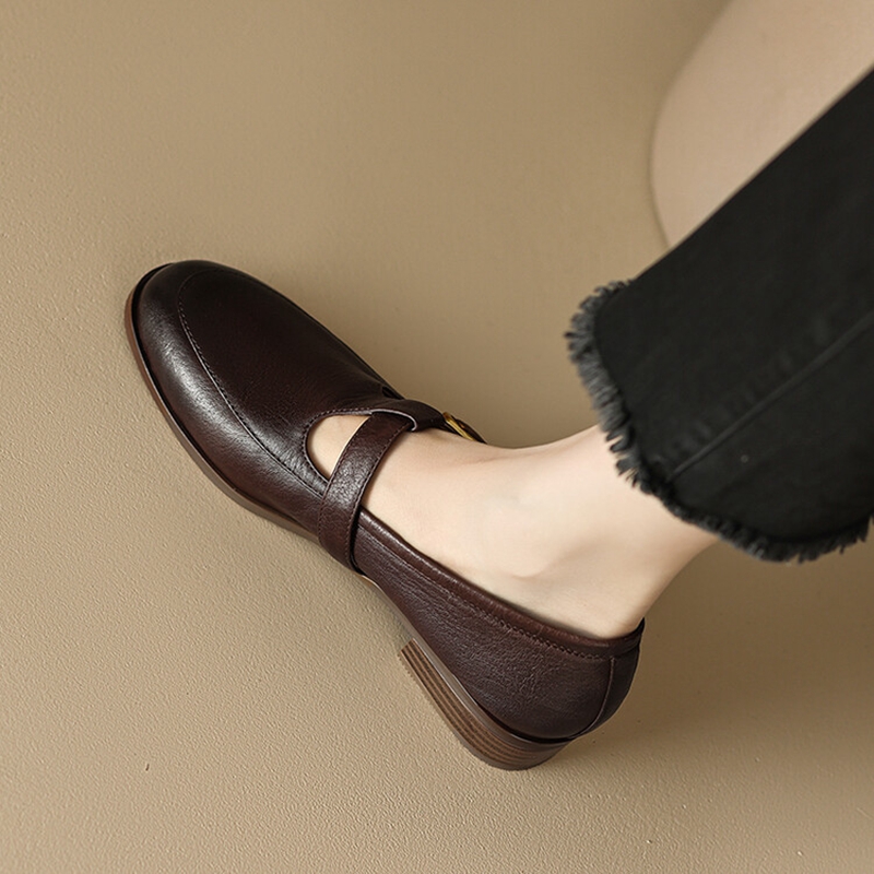 NEW Spring Women Pumps Genuine Leather Shoes for Women Round Toe Chunky Heel Shoes Retro Low Heel Mary Janes Retro Brown Shoes