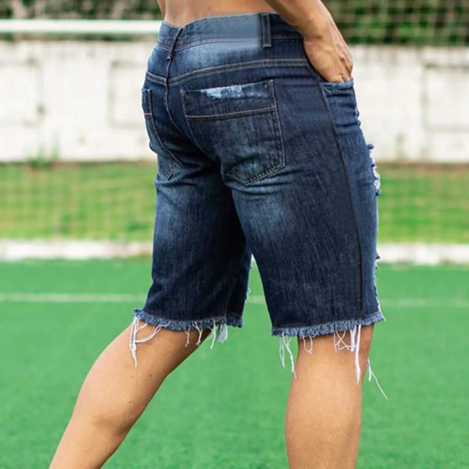 2023 Summer Denim Shorts For Men Loose Fit Hip Hop Distressed Ripped Wide Leg Mens Cropped Pants Short Jeans OversizeX240914