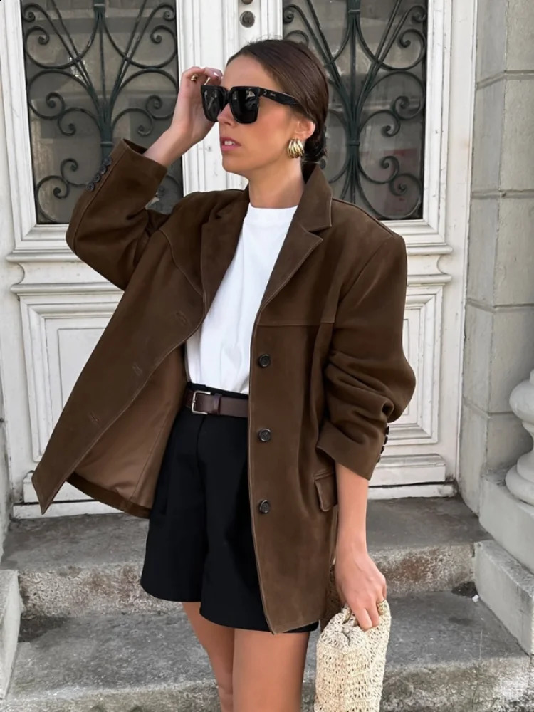 Fashion Brown With Double Pocket Blazer Jacket Woman Single Breasted Long Sleeve Short Coat 2024 Lady Autumn High Street Outwear 240912