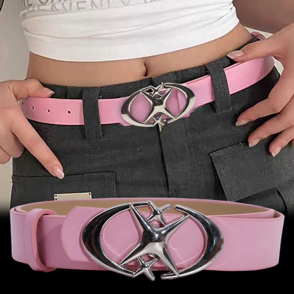 Fashion Spicy Girl Pink PU Leather Belt Metal Punk Cross Buckle Moon Star Buckle Belt Waistband Women Y2K Versatile DecorationX240914