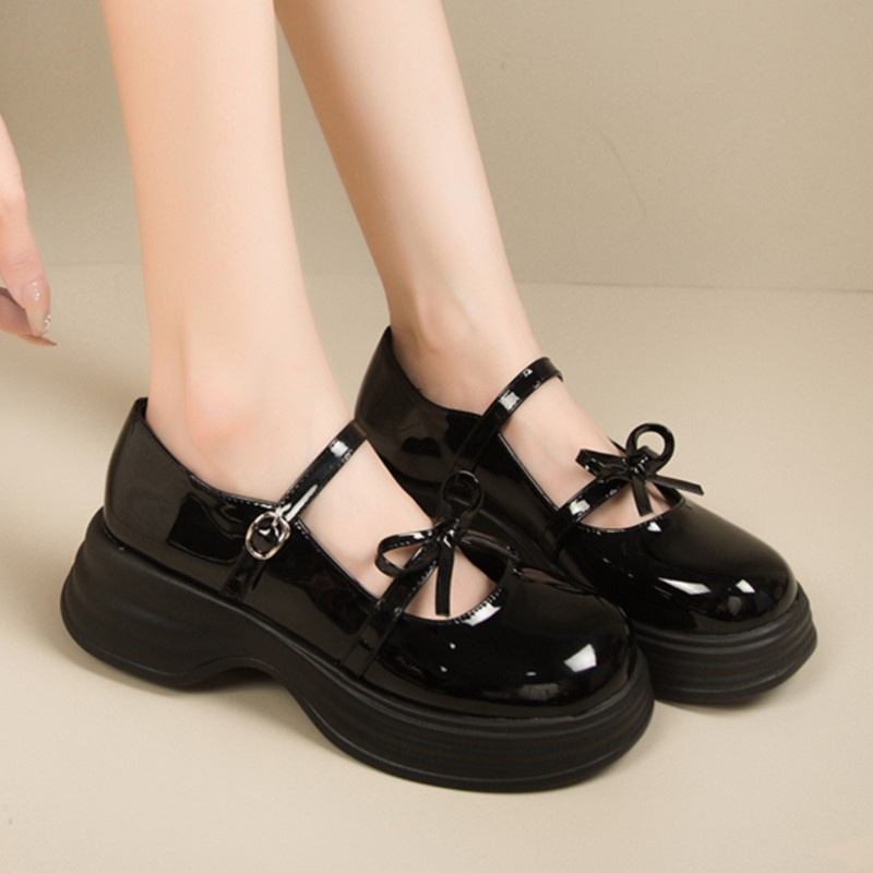 Lolita Shoes Women's Flat on Platform Patent Leather Shoes Round Toe Mary Janes Shoes Bow Designer Thick Sole Girls Shoes 1533N