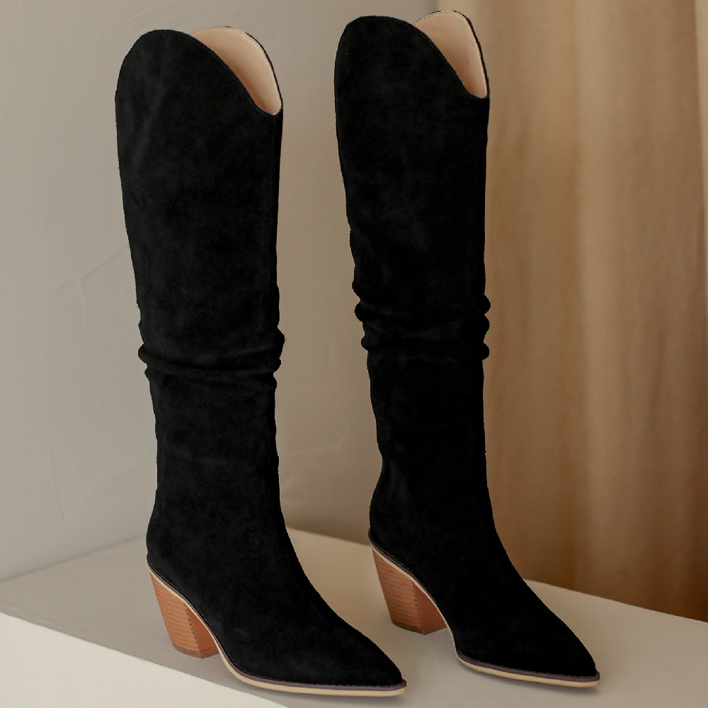 natural Women's suede leather thick heel pointed toe pleated autumn knee high elegant ladies warm long boots shoes 56de