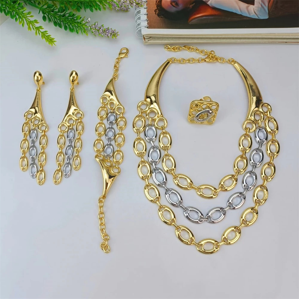 EMMA Multi Chain Dubai Jewelry Set Womens Wedding Bridal Travel Necklace Earrings Bracelet Party Jewelry 240906
