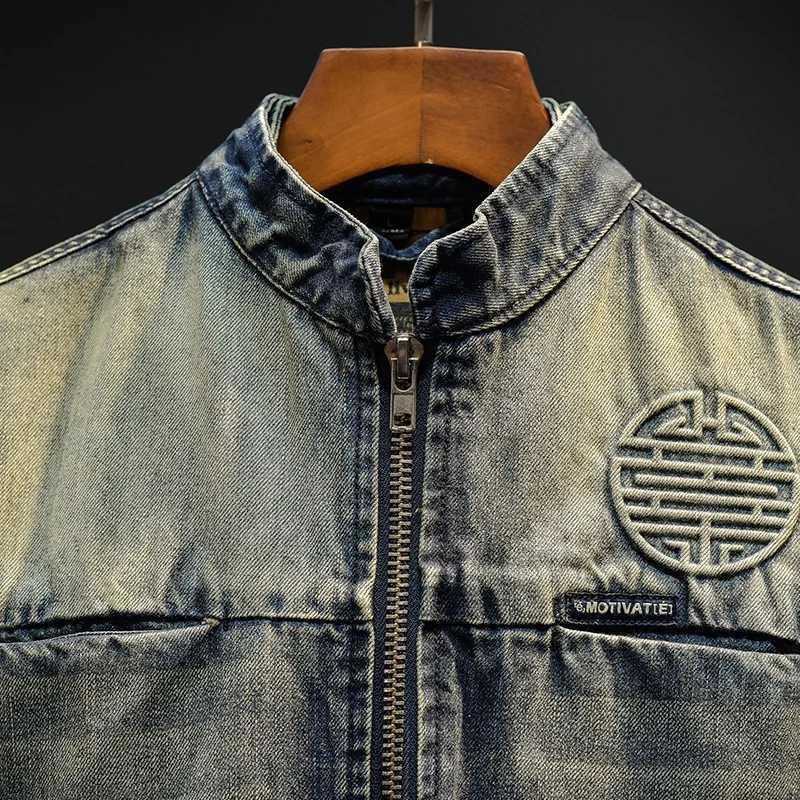 2024 autumn trend retro denim jacket mens slim fit nostalgic street motorcycle jacket stand collar retro fashion jacket W24091489