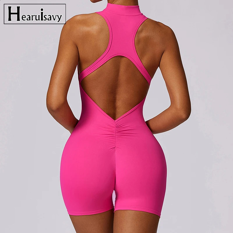 V Back Scrunch Sports Jumpsuit Women Gym Rompers Sleeveless Sportswear Bodysuits Women Zipper One-Piece Suit Yoga Clothing 240914