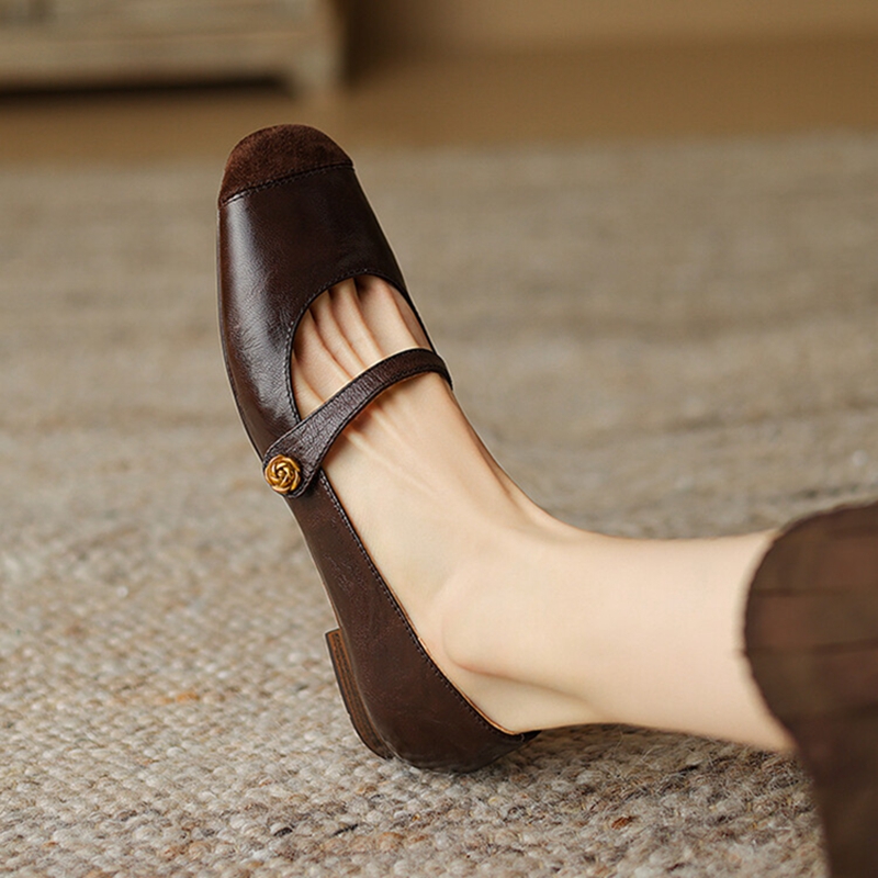 NEW Spring/Autumn Women Pumps Genuine Leather Shoes for Women Square Toe Chunky Heel Shoes Low Heel Shallow Mary Janes Shoes