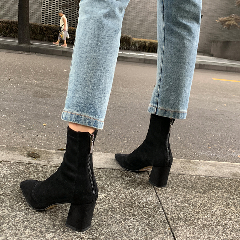 JOZHAMTA Size 34-39 Women Ankle Real Leather Sexy High Heels Shoes Woman Winter Fashion Chunky Booties Retro Elastic Boots