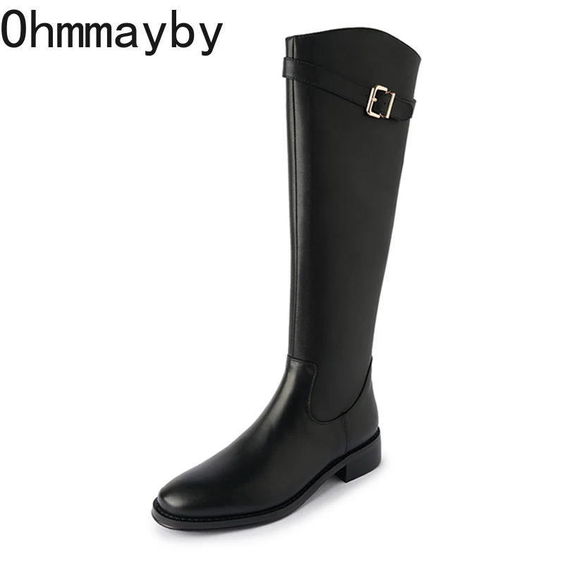 Vintage Women Slim Knee-High Boots Fashion Belt Buckle Shoes Autumn Winter Low Heel Ladies Stretch Modern Long Booties