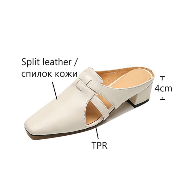 NEW Summer Women Mules Split Leather Shoes for Women Cover Toe Chunky Heel Slippers Concise Square Toe Handmade Modern Sandals