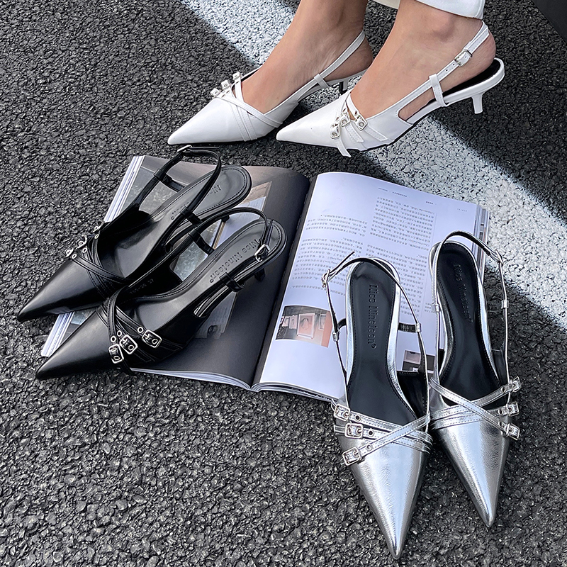 New Metal Fashion Buckle Footwear Black Women Medium 4CM Heels New 2024 Female Shallow Pumps Ladies Heeled Casual Shoes ea92