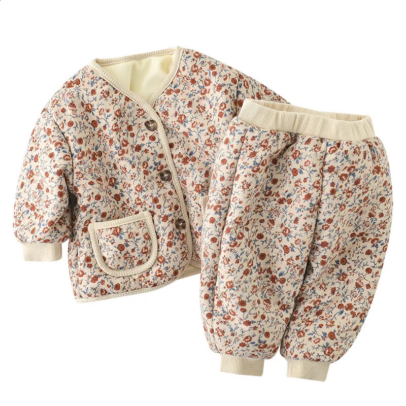 Winter Baby Warm Clothes Set Cute Leopard Floral Coat Pants 2pcs Suit Vintage Baby Girl Outfits Infant Jacket Set 240913