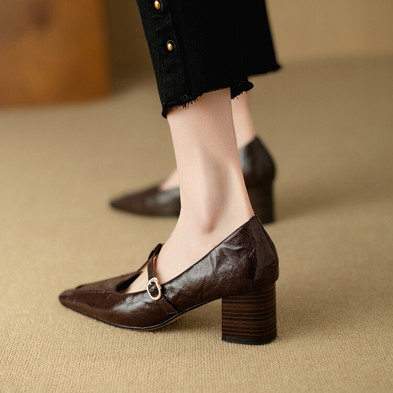 Spring/Autumn NEW Pumps Genuine Leather for Women Square Toe Chunky Heel Retro New Mary Janes T-strap Black Shoes 6c55