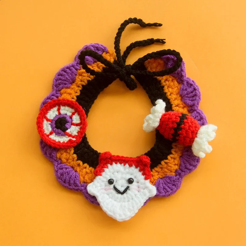 Halloween Ghost Festival cat crochet collar dog pet bib decoration collar pumpkin handmade wool knitted dog bandage 240914