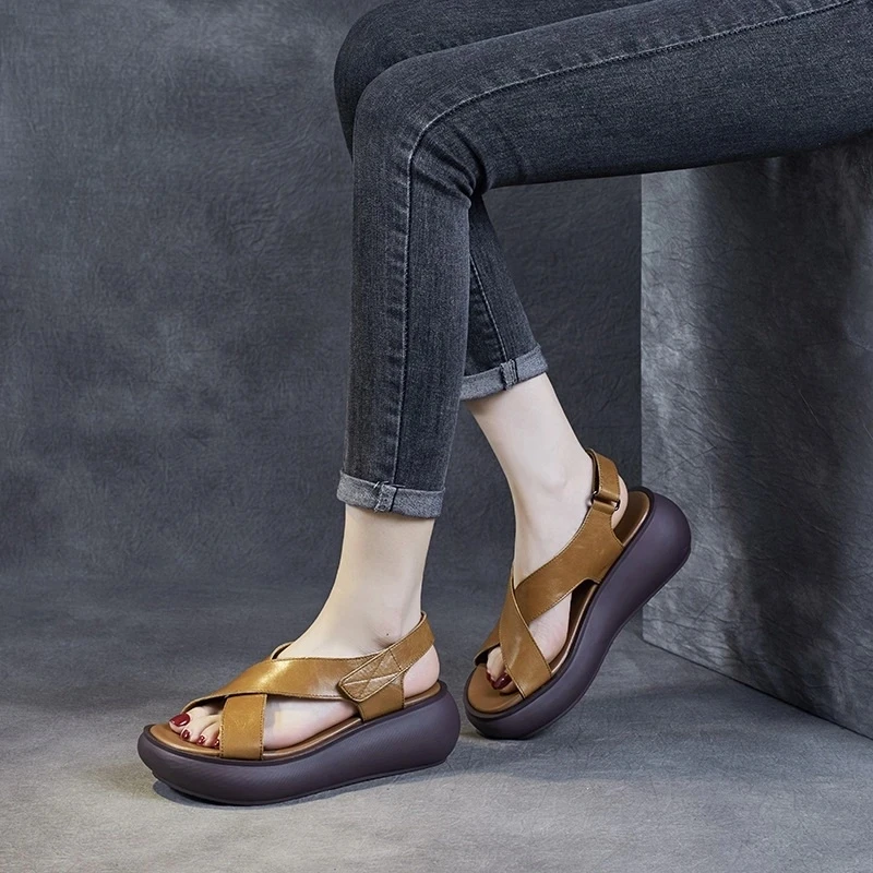 Women's Cross Strap Retro Sandals Soft Leather Platform Summer Thick Sole High Heels Ladies Wedges Shoes For Women Eu 35-40