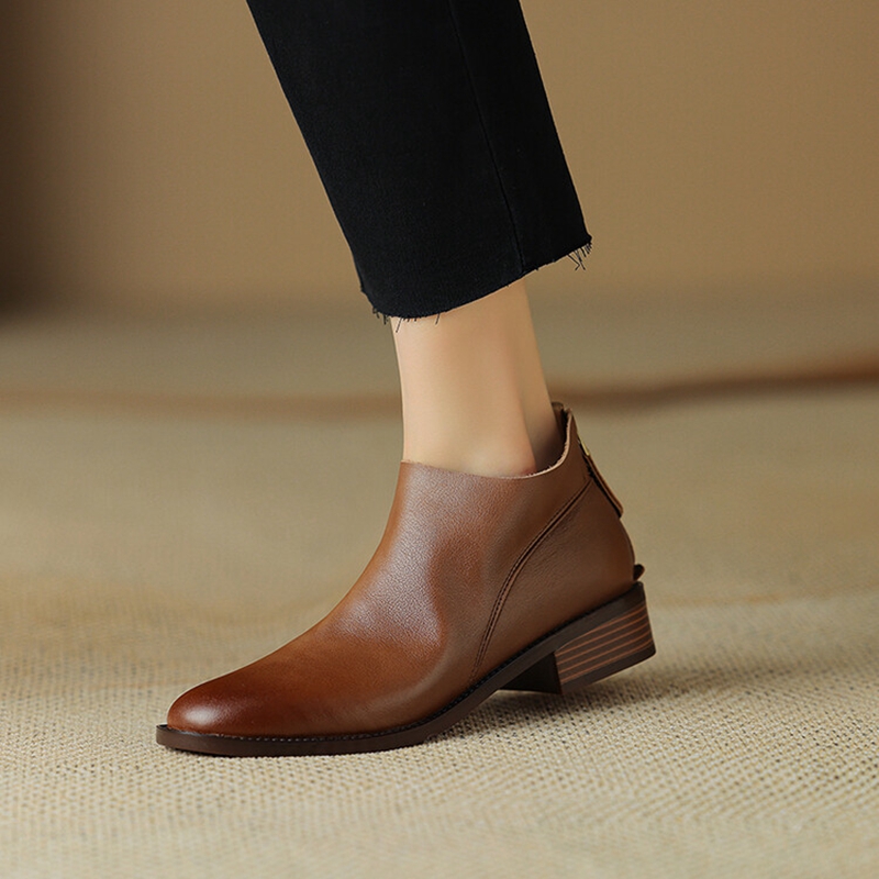 Autumn NEW Round Toe Low Heel Genuine Leather for Retro Zip Ankle Boots Winter Women Shoes d477
