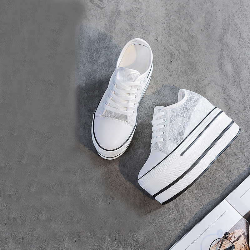 10.5cm Women Summer air mesh Fashion Ins White black Genuine Leather Chunky Sneaker Hollow Breathable Platform Wedge Shoes