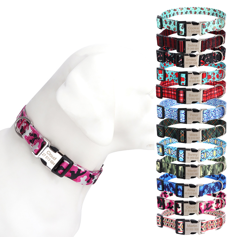 Personalized Custom Dog Collar Free Engraving Pet Name and Phone Collar Adjustable Dog Collar Exquisite Print 12 Color Available