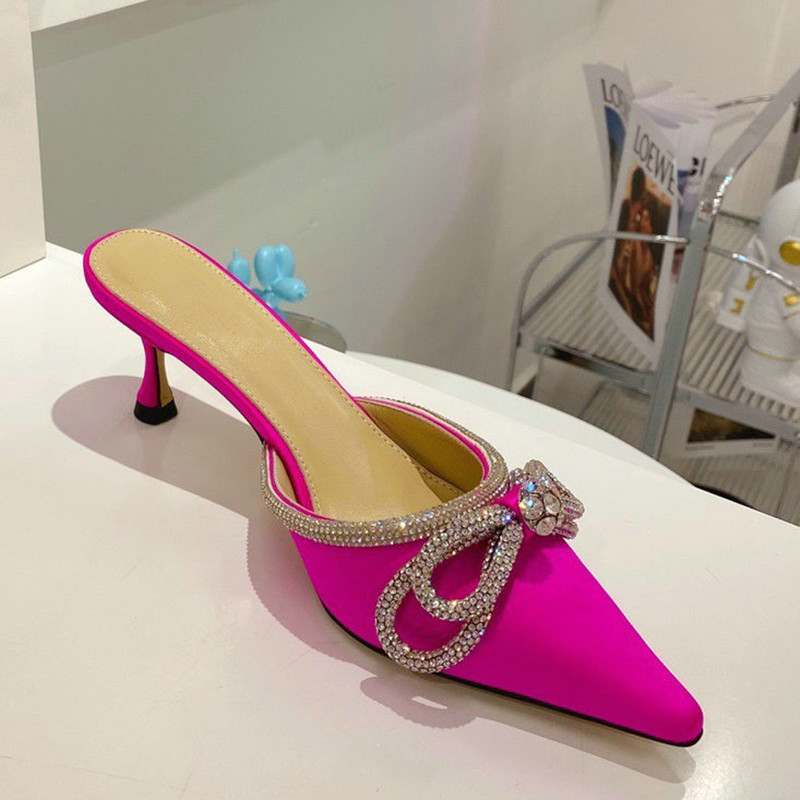 And Spring Summer New Metal Rhindias Slides Thin Bow Pointed High Heel Slippers 417e