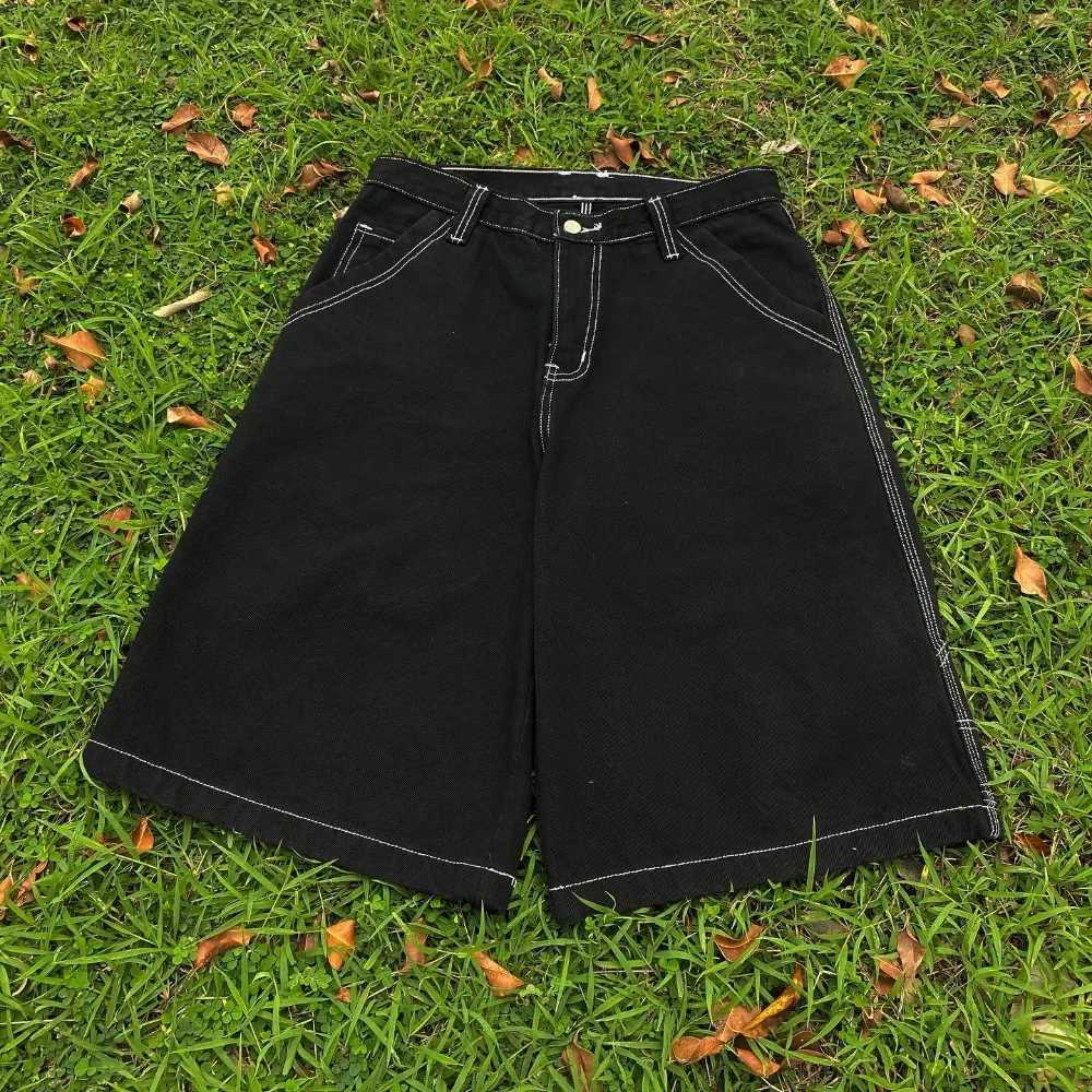 y2k letter printed black denim shorts hip-hop fashion retro trendy loose trousers Harajuku style skateboard street sportswearX240914