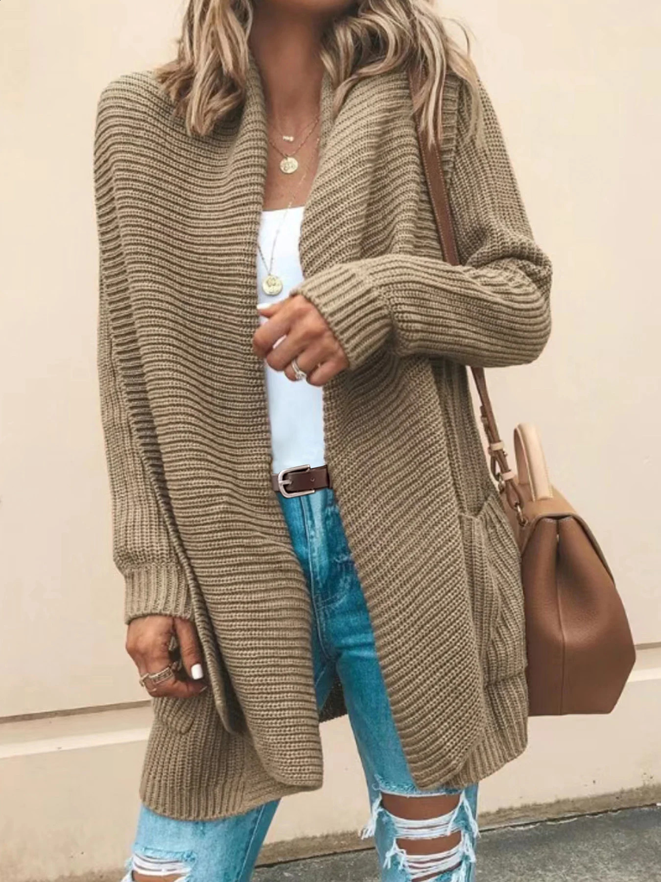 Long sleeved cardigan mid length jacket paired with leopard print knit sweater for spring autumn and winter 240904
