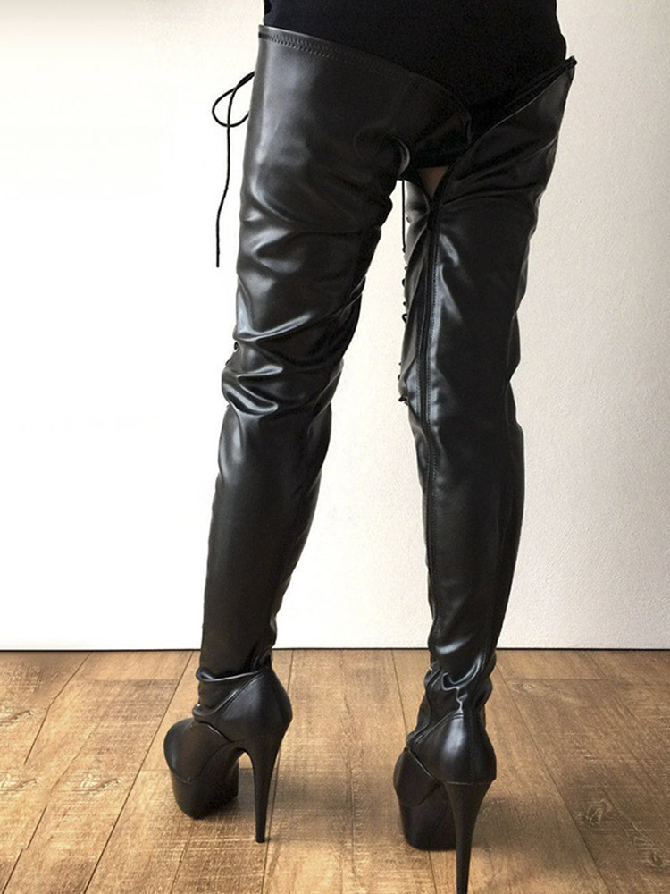 Black Lace Up shiny Over The Knee Boots Exotic Dancer 15cm Gladiator Thin Strip Heels Round Toe Nightclub Catwalk Sexy Fetish