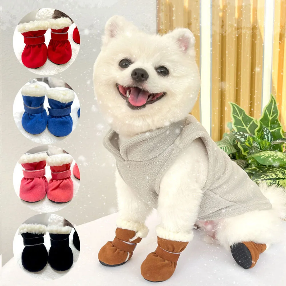 4pcs Anti-Skid Puppy Winter Shoes Small Dog Anti Slip Snow Boots Footwear Thick Warm for Prewalkers Pet Socks Booties Supplies
