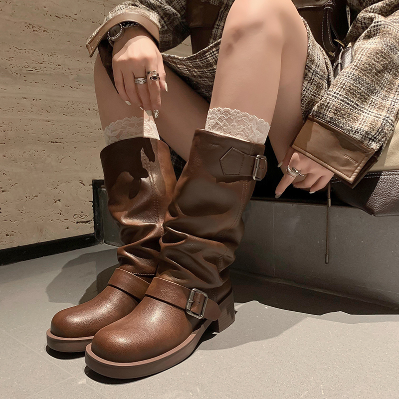 2024 New Autumn/Winter Women Boots Platform Heel Round Toe Chunky Heels Women Shoes Western Boots Mid-calf Genuine Leather