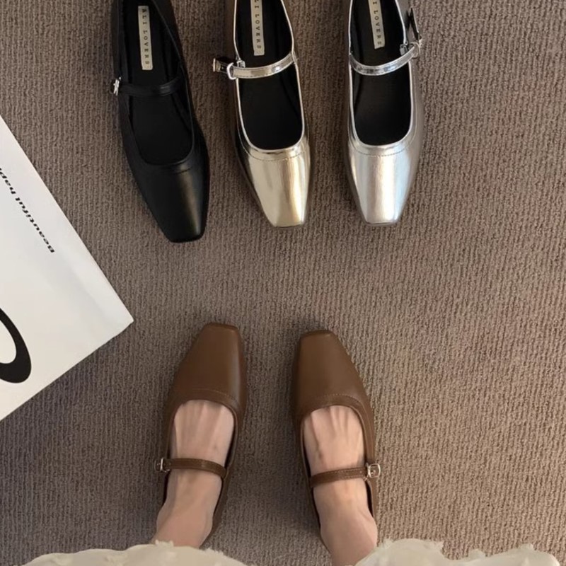 Women's Flats 2024 Summer Mary Janes Shoes Silver Gold Ballet Flats Square Toe Black Woman Shoes Comofrtable Zapatos Mujer 1815N