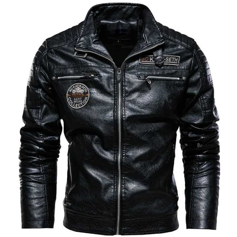 Mens Leather Jacket Mens Winter Fleece Mens Stand Collar Biker Casual Windproof Slim Fit Jacket Fleece Leather JacketX240913
