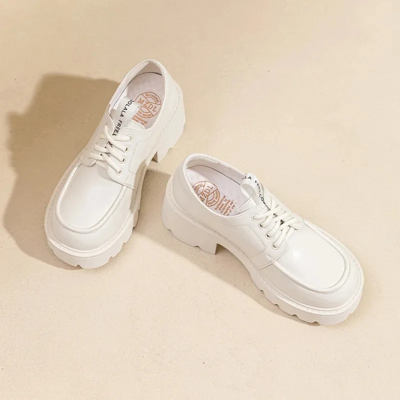 New Women's Oxford Shoes Lace Up Loafers Retro Style Split Leather Material Chunky Platform Round Toe Handmade Shoes