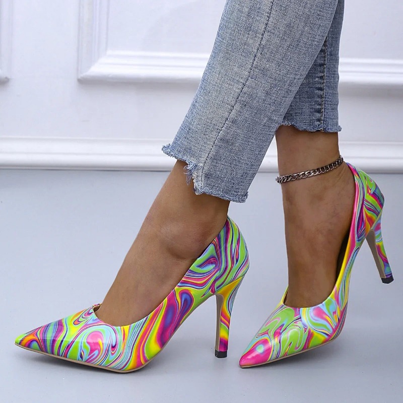 Spring 2022 and Autumn Fashion Graffiti Large Shallow Mouth Pointed Colorful Versatile Women's High Heels Single New Shoes d695