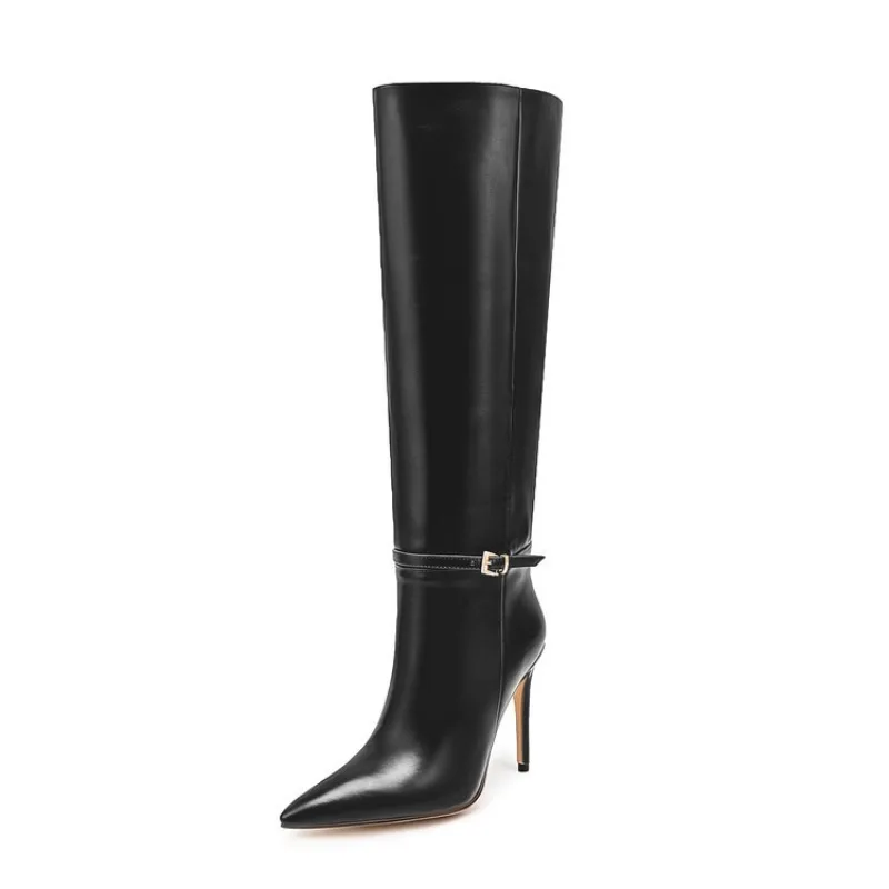 New Solid Color Belt Buckle Decoration High Heels Knee High Boots European American Fashion Pointed Spicy Women Boots Size 35-46