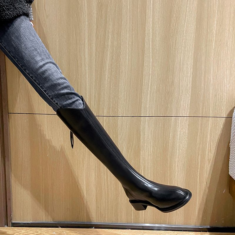 Black Footwear Brown Middle Heel Long Shoes for Woman Pointed Toe Winter Knee High Shaft Leather Women's Boots Pu Y2k Quality 39