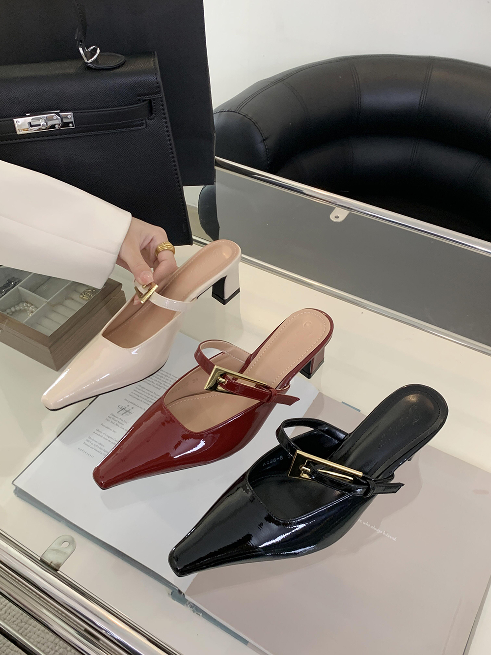 Patent Leather Women Slides Slippers Summer Outside Mules Shoes Thick High Heels Elegant Dress Shoes Woman Belt Buckle 35-39