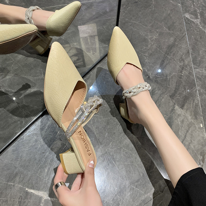 crystal weaved band mules sandals women pointed toe chunky heel summer shoes woman slippers casual design cover toe slides women