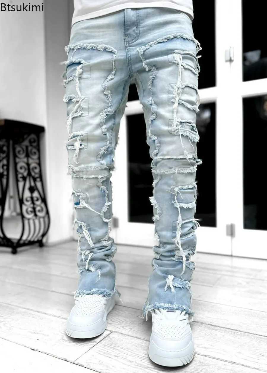 2024 mens fashion hollow cracked jeans street wear Y2K style splicing work design mens straight denim Trouser CL240912