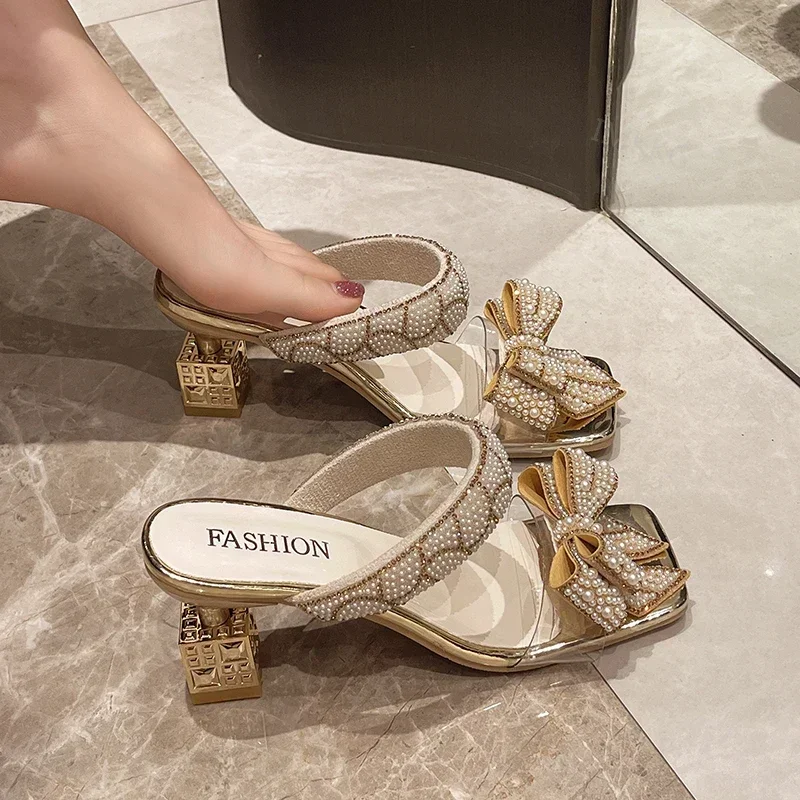 Women Bowtie Slippers Silver Heels 2024 NewTrend Gold Outdoor Rhinestone Woman Sandals Ladies Shoes Pumps Heeled Size 43 Mules