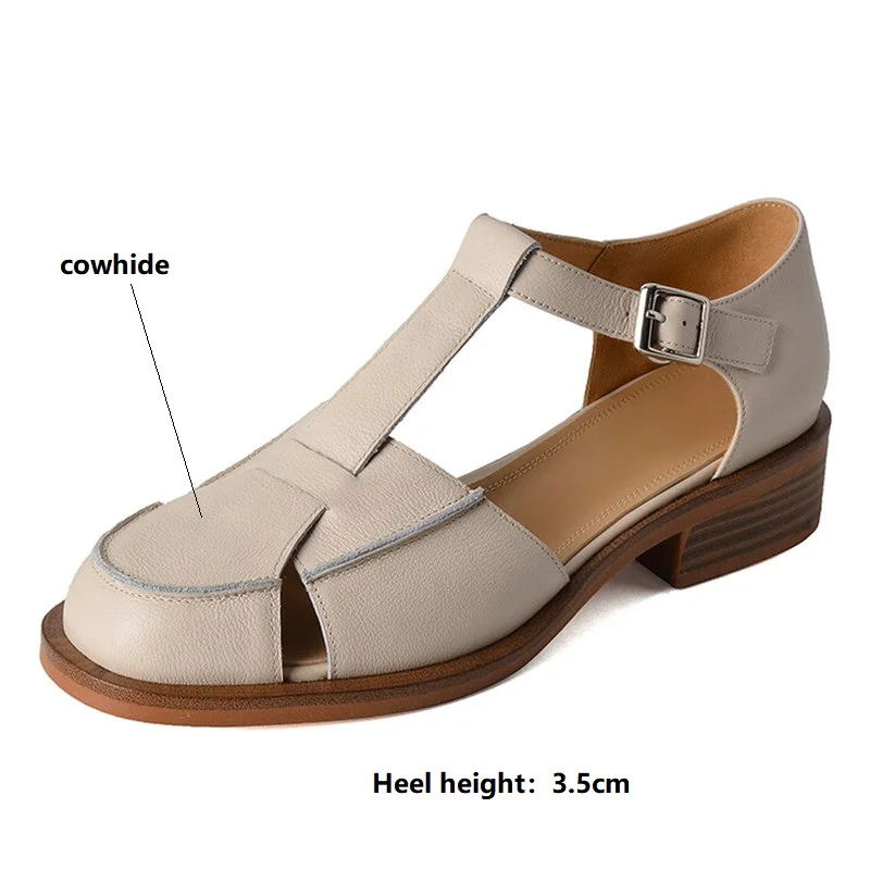 Cowhide Round Sandals Chunky Heel Cover Toe Mary Janes | Summer Shoes for Women 4