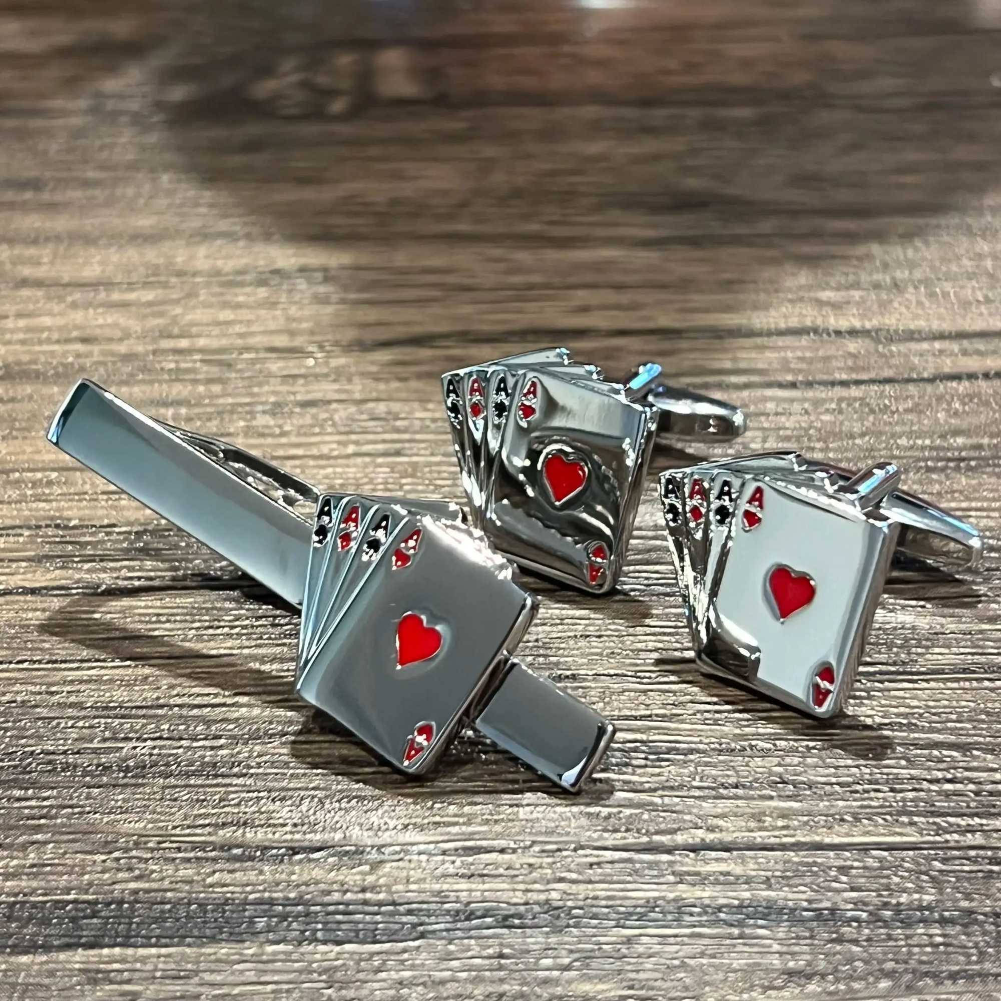 Poker Card Red Heart Cufflinks Tie Bar Set Four Aces Casino Cufflinks Tie Clip Set Fathers Day Men Birthday GiftX240914