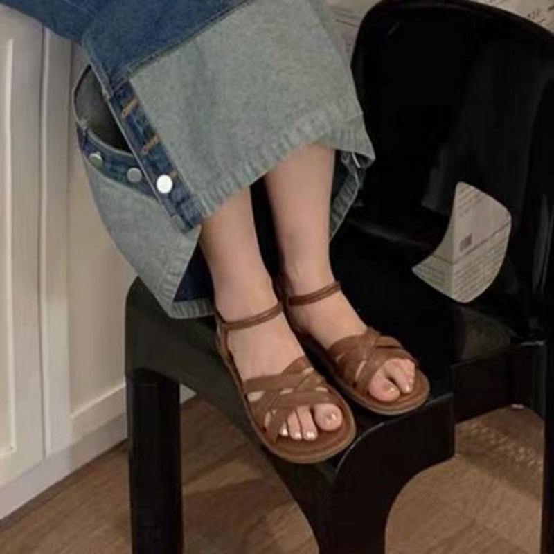 Summer Flat Women Beach Casual Cross Peep Toe Ladies Sandales Shoes Woman Black Sandals Roman Footwaer Sandalias Mujer 0664