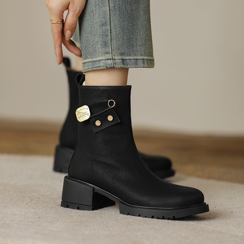 2024 Winter Genuine Leather Women Boots Round Toe Chunk Heel Platform Shoes Solid Chelsea Boots Casual Women Shoes Green Boots