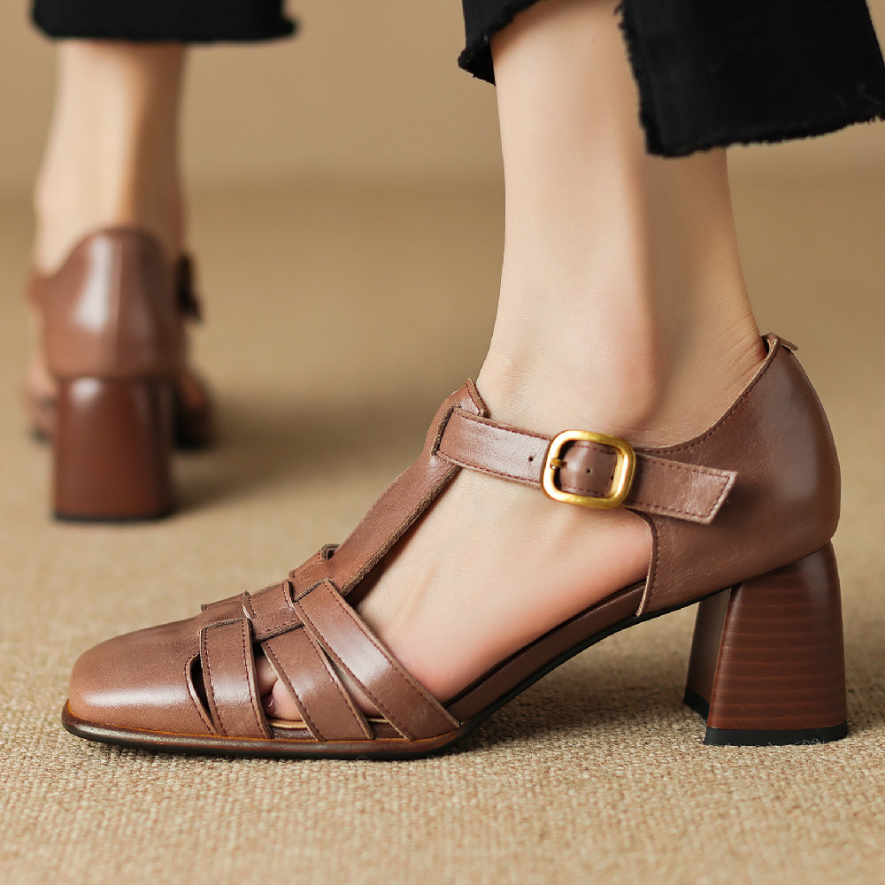 size Plus 34-42 6cm thick high heel narrow band braided cage t-strap retro pumps women's sandals summer New 2023 new 0aa5
