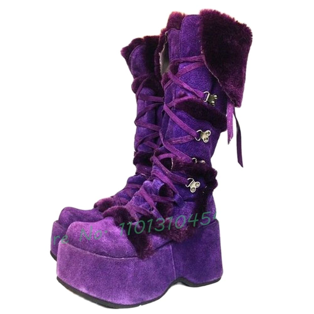 Purple Fur Platform Boots Women Round Tip Lace-up Fluff New In Knee High Boots Dark Style Ladies Warm Winter Cotton Snow Shoes