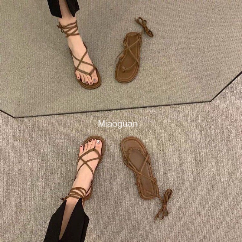Korean Version 2024 New Summer Flat Lace-up Sandals Women's Shoes French Retro Lace-up Roman Shoes Sandal Round Head Non-slip PU
