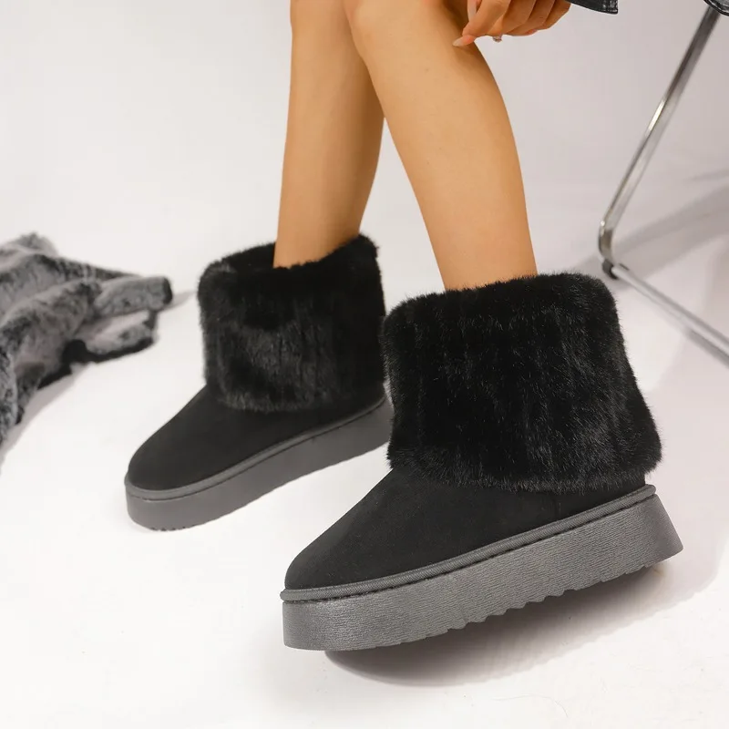 Shoes for Winter Slip on Women's Black Round Toe Solid ck Plush Warm Mid Heel Water Proof Casual Snow Boots Women a145