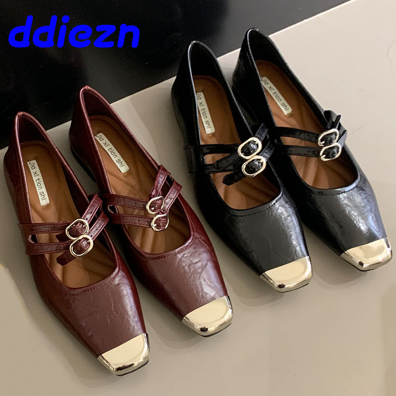 Fashion New Metal Square Toe Women Mary Janes Casual Female Soft Designer Footwear Shallow Office Lady Flats Shoes 23ae
